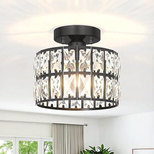 Lxybcce Crystal Ceiling Light Fixture, Modern Matte Black Crystal Chandelier, Small Semi Flush Mount Ceiling Lighting, Round Hallway Lighting for Kitchen Entryway Bedroom Bathroom, 1-Light, 9 Inch