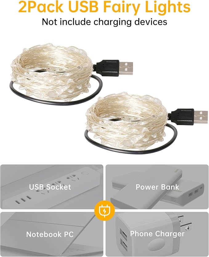 Blingstar USB Powered Fairy Lights, 2 Pack 33Ft 100 LED, Flexible Silver Wire, Mini String Lights for Christmas Tree/Bedroom/Camping/Holiday Indoor Decoration, Warm White