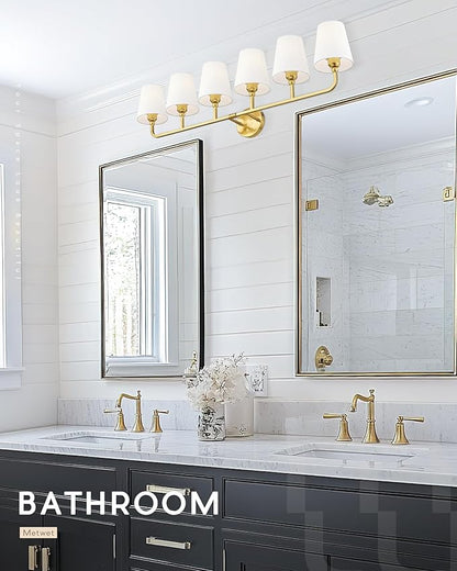 Bathroom Light Fixtures, 42 Inch Brushed Gold Vanity Lights with Flared White Fabric Shade, 6-Light Wall Sconce, Modern Sconces Wall Lighting for Hallway Bedroom, VL837-BG-6