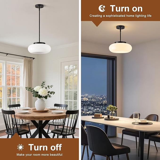 WOKNOS Mid-Century Modern Black Semi Flush Mount Ceiling Light, 3-Light Kitchen Light Fixtures with Glass Shade for Entryway Hallway Bathroom Bedroom (12.6 Inch)