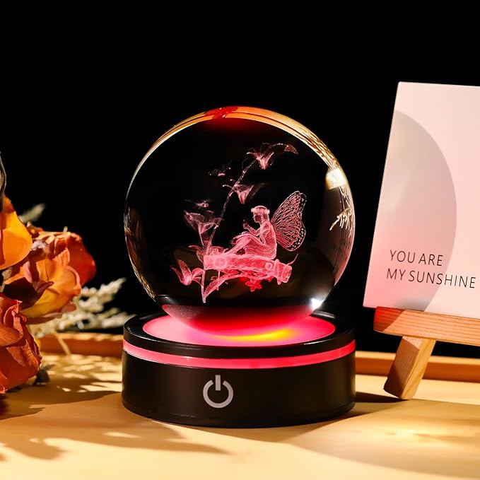 YWHL 3D Butterfly Fairy Figurine Crystal Ball with Colorful Light Base, Fairy Gifts for Women Girls on Christmas Birthday, Laser Engraved Elf Full Sphere Glass Decorative Ball for Home Office (80mm)