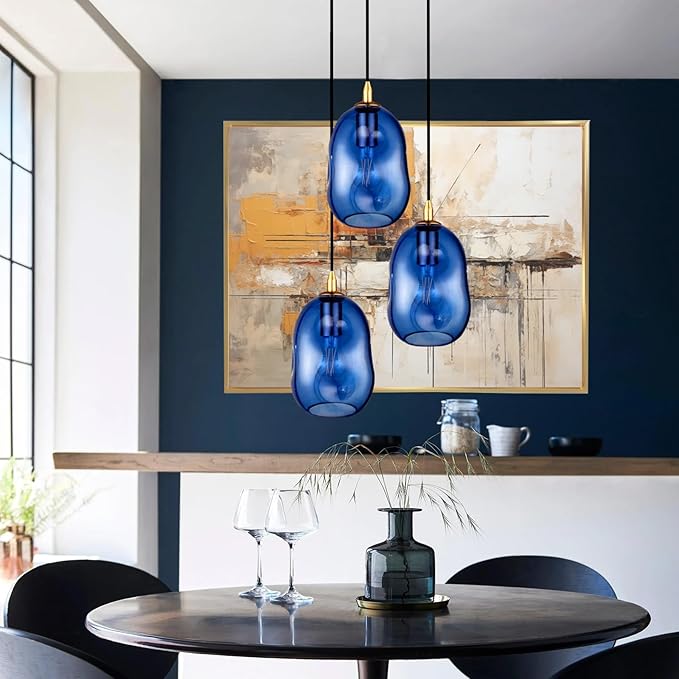 Pendant Lights Kitchen Island Adjustable Organic Globe Modern Gold Ceiling Hanging Light Fixtures for Bar, Counter, Porch, Patio, Over Sink Dining Room,Table 8.5'' Height -Blue