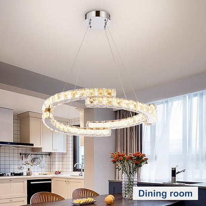 Depuley Modern LED Crystal Chandeliers: 23.6" Curved Ring Chandelier Hanging Crystal Ceiling Light Fixture - 42W Adjustable Height Pendant Light for Living Room Dining Room Bedroom Foyer