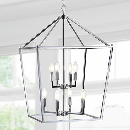 JONATHAN Y 20" Chrome Lantern Pendant Light, 1-Light Pagoda Style Metal Cage Farmhouse Hanging Ceiling Fixture for Kitchen Island, LED Bulb Included (JYL7438C)