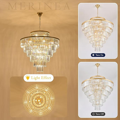 Crystal Chandeliers Large 40" 28 Lights Modern Round Chandelier Luxury Gold 7-Tier K9 Crystal Ceiling Pendant Lighting Fixture for Tall Ceiling Foyer Staircase Living Room
