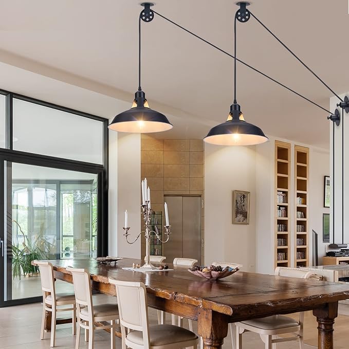 Lomoky Plug in Pulley Pendant Light with 14.76ft Cord On/Off Switch, Industrial Barn Black Hanging Lights with Plug in Cord, Pulley Wall Pendant Lamp for Kitchen Island, Pool Table, Bedroom, 1 Pack