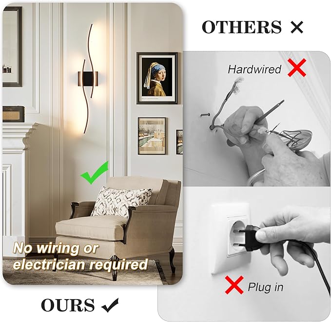 KARTOOSH Battery Operated Wall Sconces Set of Two with Remote Control, Dimmable/3 Color/Night-Light/Timer/Memory, Black Modern Wireless LED Sconce for Living Room, Hallway, Bedroom, 31.4 Inch (2 Pack)