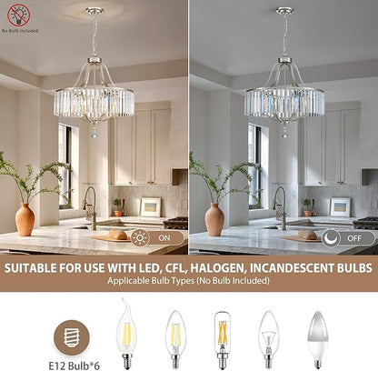 Modern Crystal Chandeliers Round 6-Light Large Brushed Nickel Pendant Lighting Fixture for Dining Room Living Room Kitchen Island Bedroom Hallway 21.7" Adjustable Height Hanging Lamp