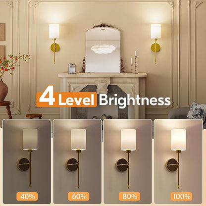 NIORSUN Battery Operated Wall Sconce Set of 2, Gold Wireless Rechargeable Wall Lights with 5200mAh Dimmable Detachable Bulbs and Remote, 9 Colors Sconces Wall Decor for Bedroom Living Room Hallway