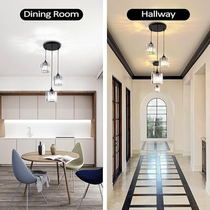Crystal Pendant Lights Round Ceiling,Modern Crystal Chandeliers Hanging Light Fixture for Kitchen Island,Adjustable Chandelier for Dining Room,Foyer,Living Room Entryway Black 3 Lights