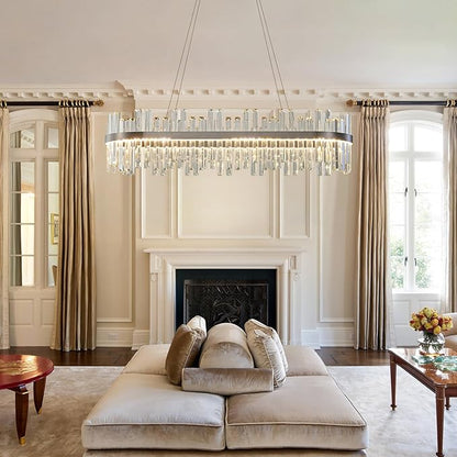 Nickel Led Modern Crystal Chandelier: 39.3" Rectangle Linear 3 Color Dimmable Chandeliers for Dining Room Over Table - Luxury Rectangular Contemporary Oval Light Fixture for Living Room Bedroom Foyer