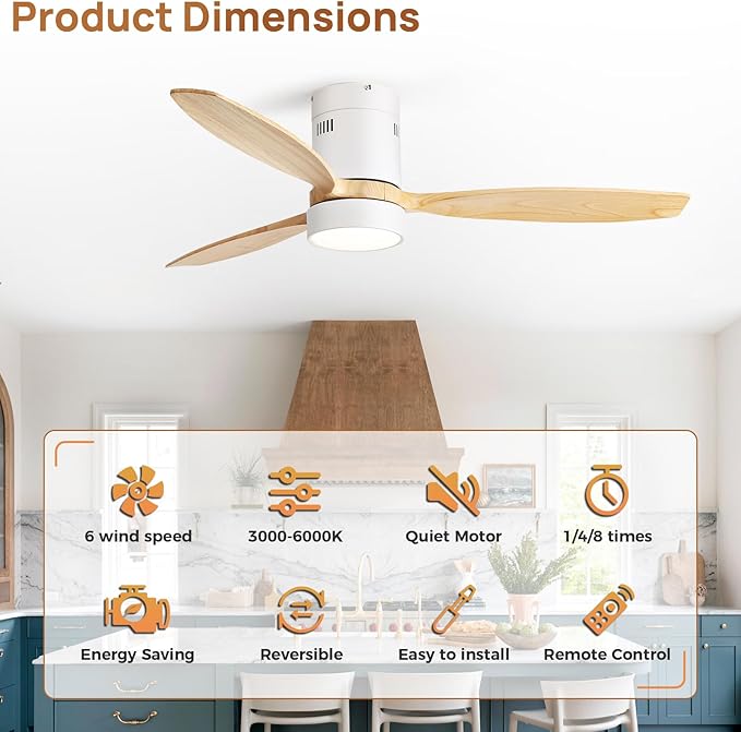 Sofucor 52 Inch Ceiling Fans with Lights and Remote, Modern Wood Low Profile Flush Mount Quiet Ceiling Fan for Bedroom, Reversible DC Motor for Living Room/Farmhouse/Patio/Indoor/Outdoor