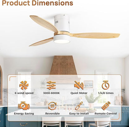 Sofucor 52 Inch Ceiling Fans with Lights and Remote, Modern Wood Low Profile Flush Mount Quiet Ceiling Fan for Bedroom, Reversible DC Motor for Living Room/Farmhouse/Patio/Indoor/Outdoor