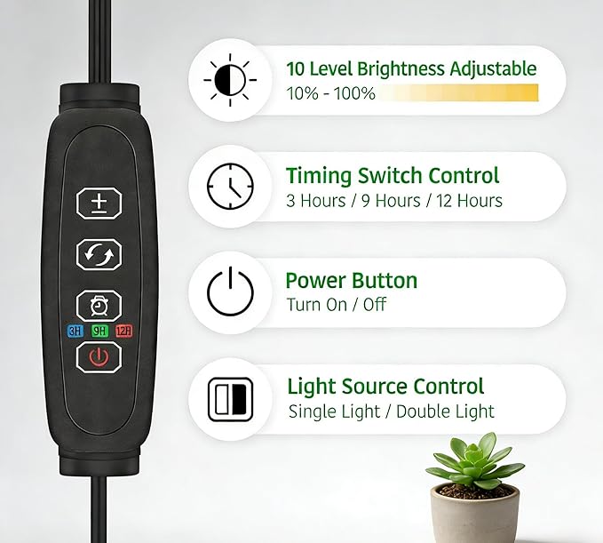 Grow Lights for Indoor Plants, 2-Head Full Spectrum LED Plant Light with Stand, 67" Adjustable Height, 3/9/12H Timer, 10 Dimmable Levels & 3 Lighting Modes