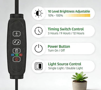 Grow Lights for Indoor Plants, 2-Head Full Spectrum LED Plant Light with Stand, 67" Adjustable Height, 3/9/12H Timer, 10 Dimmable Levels & 3 Lighting Modes