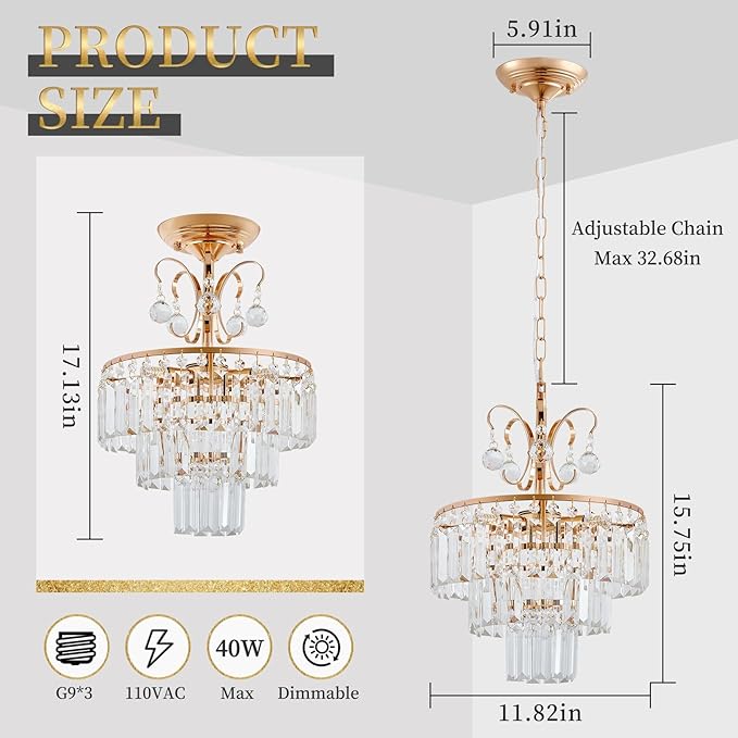 3-Light Gold Crystal Chandelier,Modern 3 Tier Semi Flush Mount Chandelier with G9 Base,Height Adjustable for Farmhouse Living Room Dining Room Bedroom Kitchen Corridors