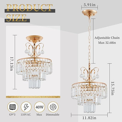 3-Light Gold Crystal Chandelier,Modern 3 Tier Semi Flush Mount Chandelier with G9 Base,Height Adjustable for Farmhouse Living Room Dining Room Bedroom Kitchen Corridors