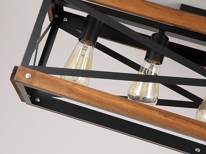 5-Light Large Rustic Farmhouse Wood Flush Mount Ceiling Light Fixture 31.5 inch Oak Wood and Metal Rectangular Track Semi Flush Mount Ceiling Light for Kitchen Living Room Bedroom Indoor, Black