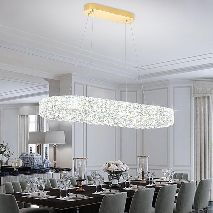 ykolupty Modern Crystal Chandelier, Dia 40" Rectangular Chandelier for Dining Room,Gold Rectangle Crystal Ceiling Light Luxury Oval Chandeliers for Living Room Kitchen Island
