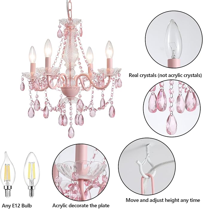 Plug in Crystal Pink Chandelier, Not acrylic Crystal,Mini 4 Lights for Girls Room,Pink Crystals Hanging Pendant Light with Clear Cord and On/Off, Chandelier for wedding, Kitchen, Dining,Foyer,Island