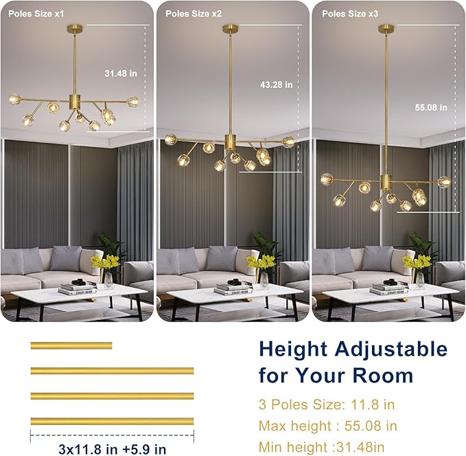 Depuley Modern Gold Sputnik Chandelier: 9-Light Crystal Glass Chandelier for Dining Room - Kitchen Table Light Fixture Mid Century Hanging Lamp Height Adjustable for Foyer (Included G9 Bulbs)
