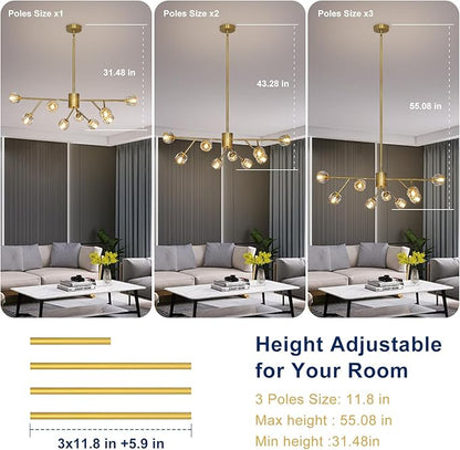 Depuley Modern Gold Sputnik Chandelier: 9-Light Crystal Glass Chandelier for Dining Room - Kitchen Table Light Fixture Mid Century Hanging Lamp Height Adjustable for Foyer (Included G9 Bulbs)