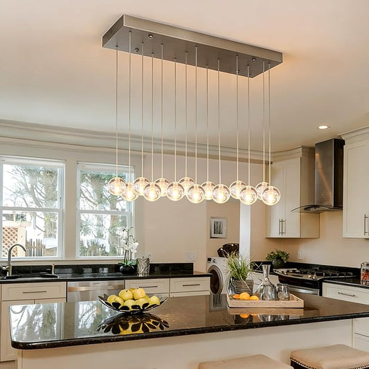 14 Lights Nickel Raindrop Rectangle Chandelier, Modern Bubble Crystal Chandelier for Dining Room, Large Pendant Light for High Ceilings Staircase Foyer Entryway Living Room Kitchen Island