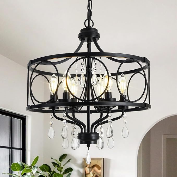 6-Light Modern Black Crystal Chandelier, Farmhouse Ceiling Light Fixture, Hanging Metal Pendant Lights Kitchen Island Dining Room Entryway Foyer