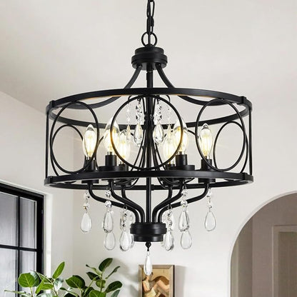 6-Light Modern Black Crystal Chandelier, Farmhouse Ceiling Light Fixture, Hanging Metal Pendant Lights Kitchen Island Dining Room Entryway Foyer