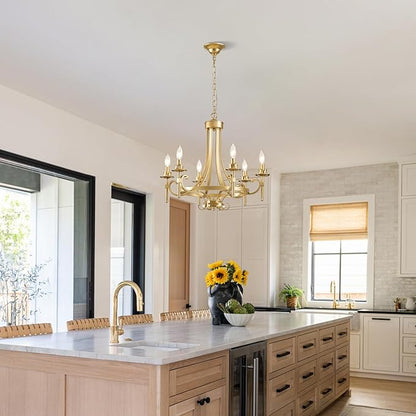 Modern Gold Candle Chandelier, 6-Light Farmhouse Chandeliers for Dining Room Lighting Fixtures Hanging, Dining Light Fixtures Iron Metal Pendant Light Fixture for Bedroom Living Room Kitchen Foyer
