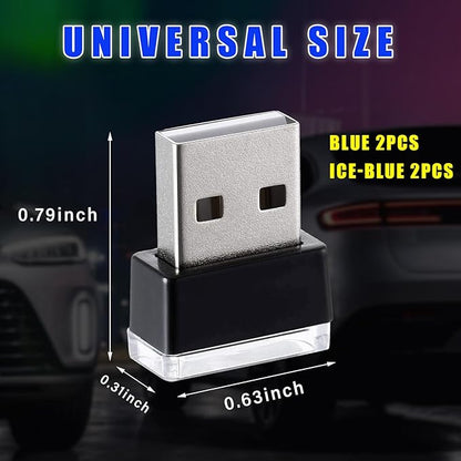 Augeny 4 PCS USB LED Car Interior Atmosphere Lamp, Plug-in USB Decor Night Light, Portable Auto Ambient Lighting Kit, Universal Vehicle Interior Accessories for Most Cars (Blue & Ice Blue)