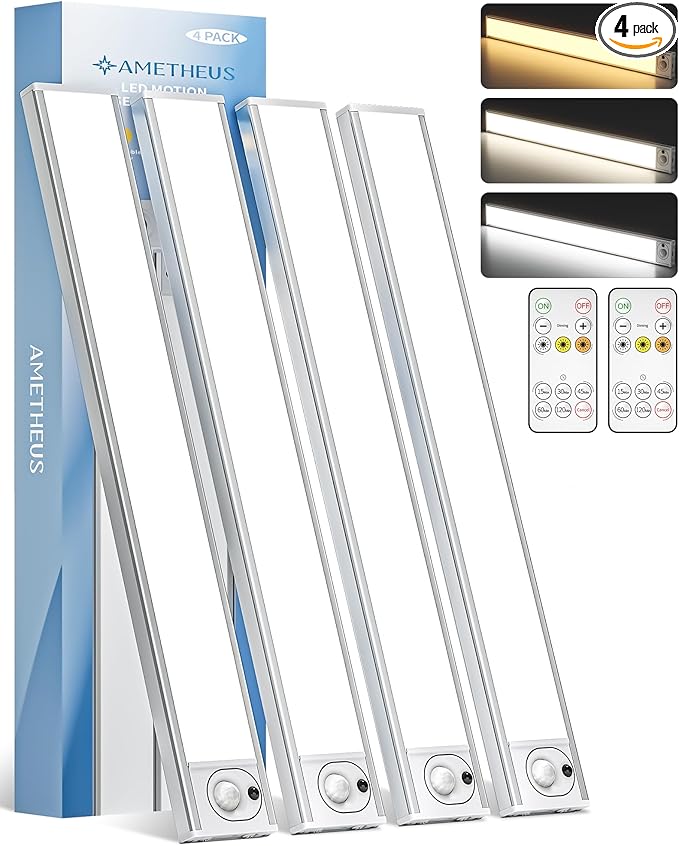 4Pack 16inch Under Cabinet Lighting, Rechargeable Motion Sensor Light Wireless Indoor, Dimmable 3 Color Temps Closet Lights, Under Counter LED Lights for Kitchen, Stairs