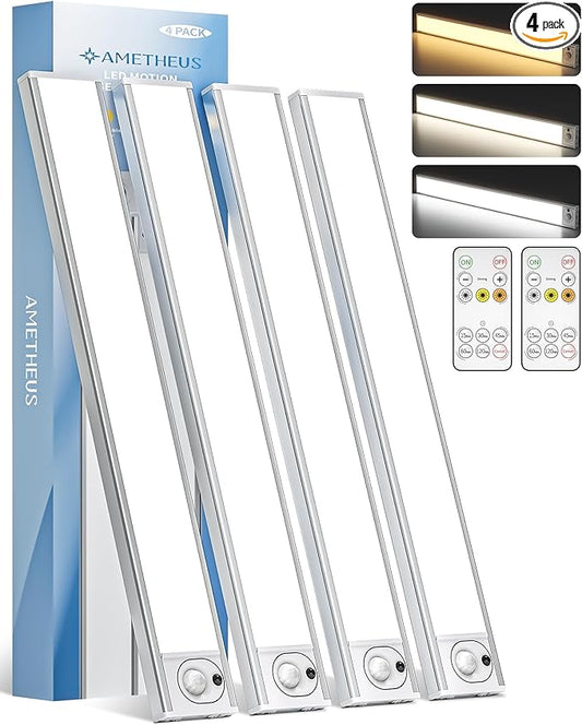 4Pack 16inch Under Cabinet Lighting, Rechargeable Motion Sensor Light Wireless Indoor, Dimmable 3 Color Temps Closet Lights, Under Counter LED Lights for Kitchen, Stairs