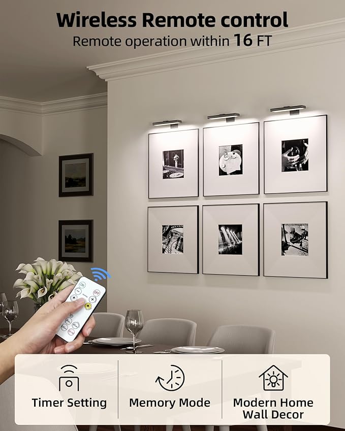 EZVALO Picture Light for Wall, Rechargeable 2400mAh Battery Lights Wireless with IR Remote, 3 Color & Dimmable Magnetic 7.8'' LED Lights Display for Painting, Living Room, Gallery, Bedroom(Black-3P)
