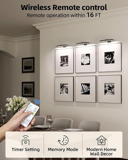 EZVALO Picture Light for Wall, Rechargeable 2400mAh Battery Lights Wireless with IR Remote, 3 Color & Dimmable Magnetic 7.87'' LED Lights Display for Painting, Living Room, Gallery, Bedroom(Black-2P)