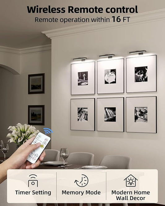EZVALO Picture Light for Wall, Rechargeable 2400mAh Battery Lights Wireless with IR Remote, 3 Color & Dimmable Magnetic 7.87'' LED Lights Display for Painting, Living Room, Gallery, Bedroom(Black-2P)