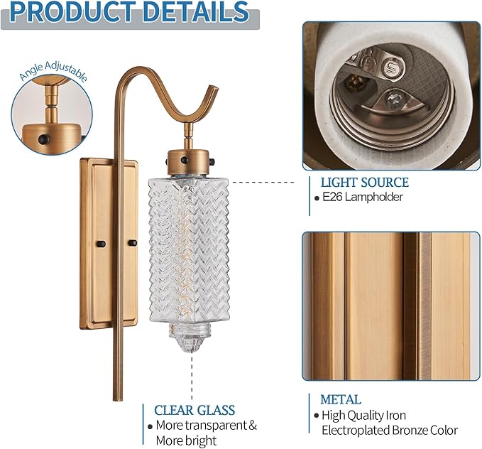 Farmhouse Wall Sconces,Vintage Gold Metal Wall Mount Light Lantern with Glass Shade & E26 Socket,Indoor Wall Lamp,for Living Room, Bedroom, Bathroom, Hallway (Vintage Gold -1-Light)