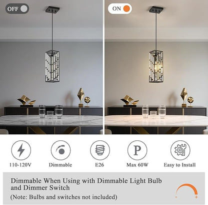 Black Pendant Lights Kitchen Island 2 Pack, Adjustable Modern Pendant Light Fixtures, Mini Crystal Chandeliers for Dining Room Bedroom Foyer Hallway