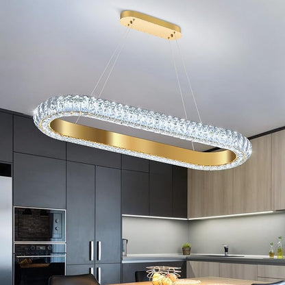 32'' Oval Ring Crystal Chandelier Modern LED Dimmable Ring Pendant Light Chandelier for Dining Room Living Room Gold
