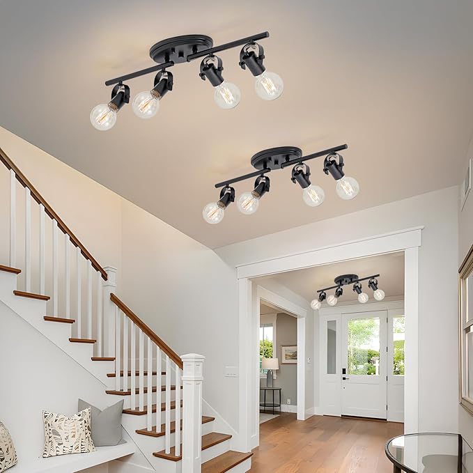 4-Light Track Lighting Fixtures Ceiling, Black Kitchen Track Lighting with Adjustable Light Head,Flush Mount Ceiling Light for Dining Room Living Room Hallway Art Wall Bathroom.