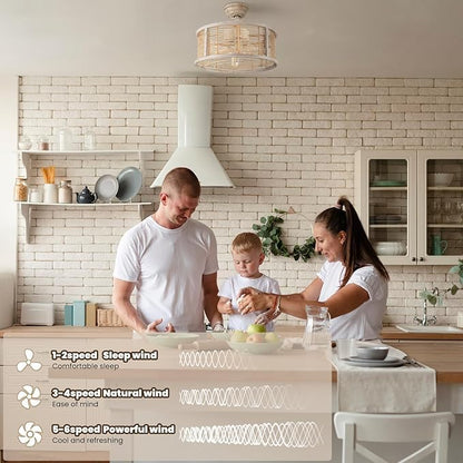 ainqiant 20 Inch Rattan Caged Ceiling Fan with Light, Boho White Fandelier Ceiling Fan with Lights and Remote, Enclosed 6 Speed for Bedroom Kitchen Dining Room