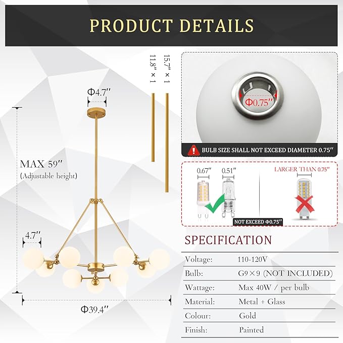 CATINER Modern Gold Sputnik Chandeliers L40”9-Lights Mid Century Ceiling Pendant Lighting Fixtures with Milk Glass Globe Shades for Foyer Entryway Kitchen Bedroom Living Dining Room