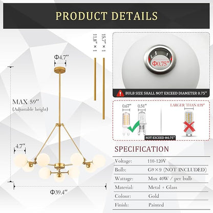CATINER Modern Gold Sputnik Chandeliers L40”9-Lights Mid Century Ceiling Pendant Lighting Fixtures with Milk Glass Globe Shades for Foyer Entryway Kitchen Bedroom Living Dining Room