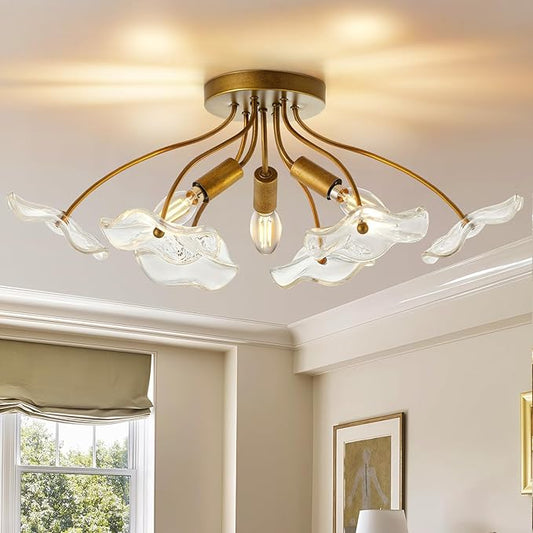 Luvkczc Semi Flush Mount Ceiling Light, Modern Gold Ceiling Light Fixture, Vintage Brass Lighting for Kitchen Entryway Hallway Bathroom Bedroom Foyer, 3 Light E12 Socket