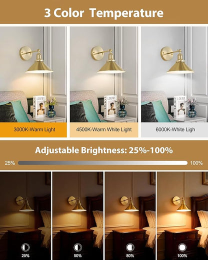 Bailoch Gold Vintage Wireless Battery Operated Wall Sconces, Rechargeable Cordless Battery Powered Led Wall Lights Set of 2, Wall Lamp Fixture Indoor with Remote Control for Bedroom Farmhouse Gallery