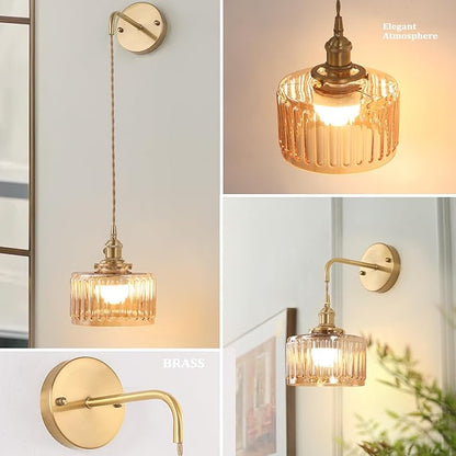 Shenmoyl Battery Operated Wall Sconce with Amber Striped Shade Pattern Glass Adjustable Chain Retro Gold Wall Mounted Light, Modern Wall Decor for Bedside Bedroom Indoor Doorway， Set of 2