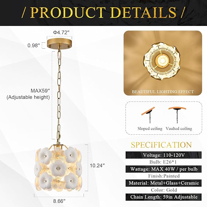 Gold Glass Pendant Light with White Ceramic Flowers, 1-Pack Luxury Small Ceiling Pendant Light Fixture 1-Light for Kitchen Island Sink Dining Room Entryway Hallway, E26