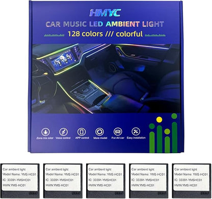 HMYC Car Interior Ambient Lights,18 in 1 128 Colorful LED Acrylic Fiber Optic Strip,Universal Multiple Modes Decoration Atmosphere with Music Sync Rhythm,APP Control,RGB Neon Lighting for All Cars