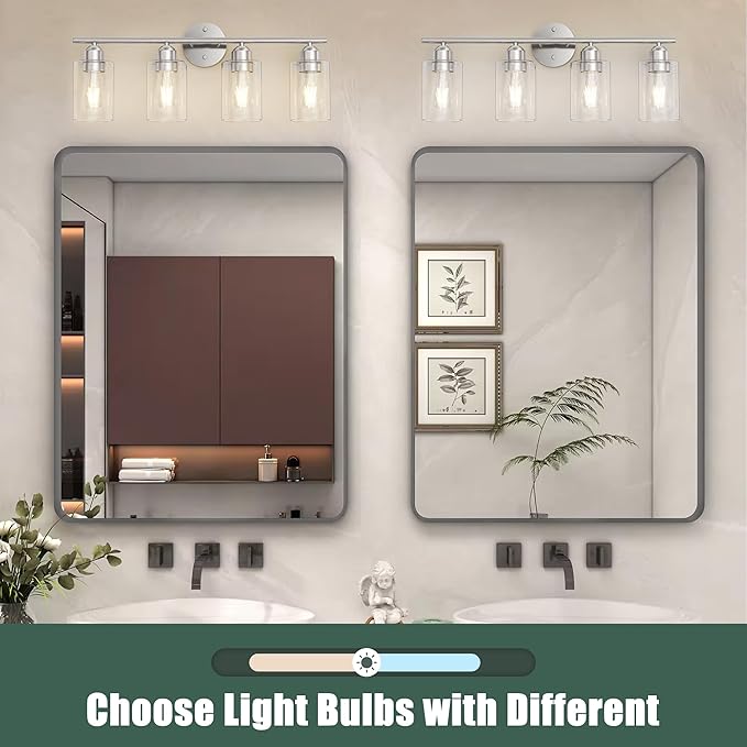 Bathroom Vanity Light Fixtures Brushed Nickel,4 Lights Rustic Farmhouse Vanity Bar Lighting Over Mirror Modern Industrial Wall Sconces Lamp with Cylinder Glass Shade