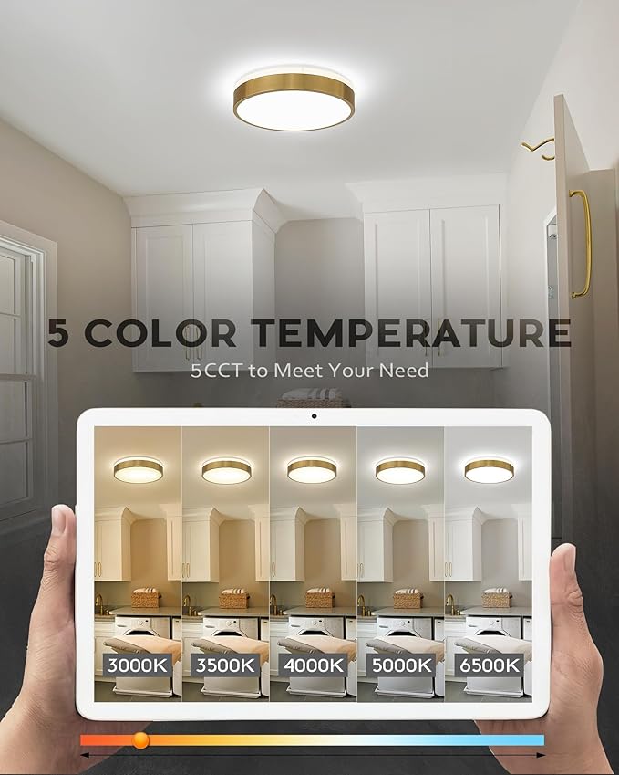 Ken & Ricky Led Brushed Gold Flush Mount Ceiling Light,Dimmable Close to Ceiling Light Fixtures for Kitchen Bathroom Bedroom Hallway 12 Inch 5cct 24w Round KR3354-2PK
